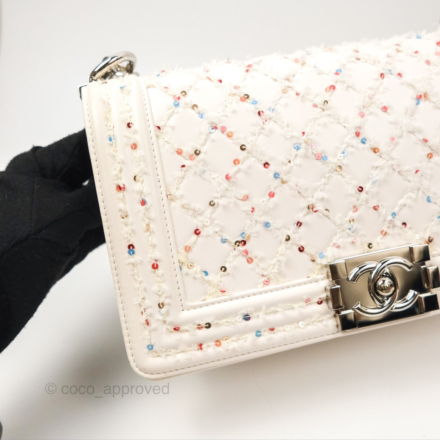Chanel Medium Boy Sequins Quilted White Lambskin Silver Hardware