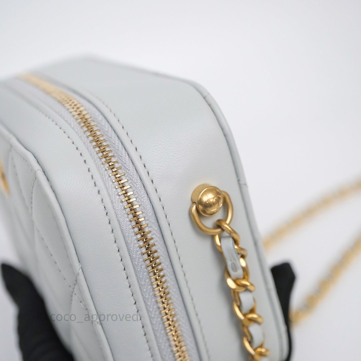 Chanel Quilted CC Pearl Crush Camera Case Light Blue Grey Lambskin Aged Gold Hardware