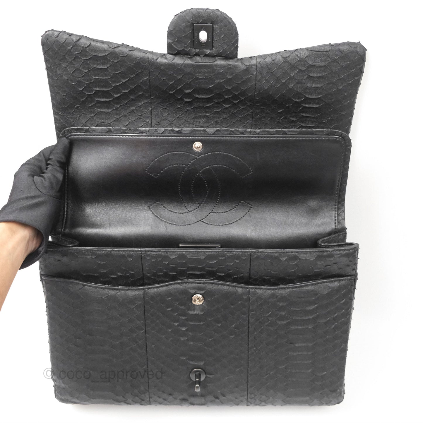 Chanel Maxi Double Flap Black Python Matte Black Hardware