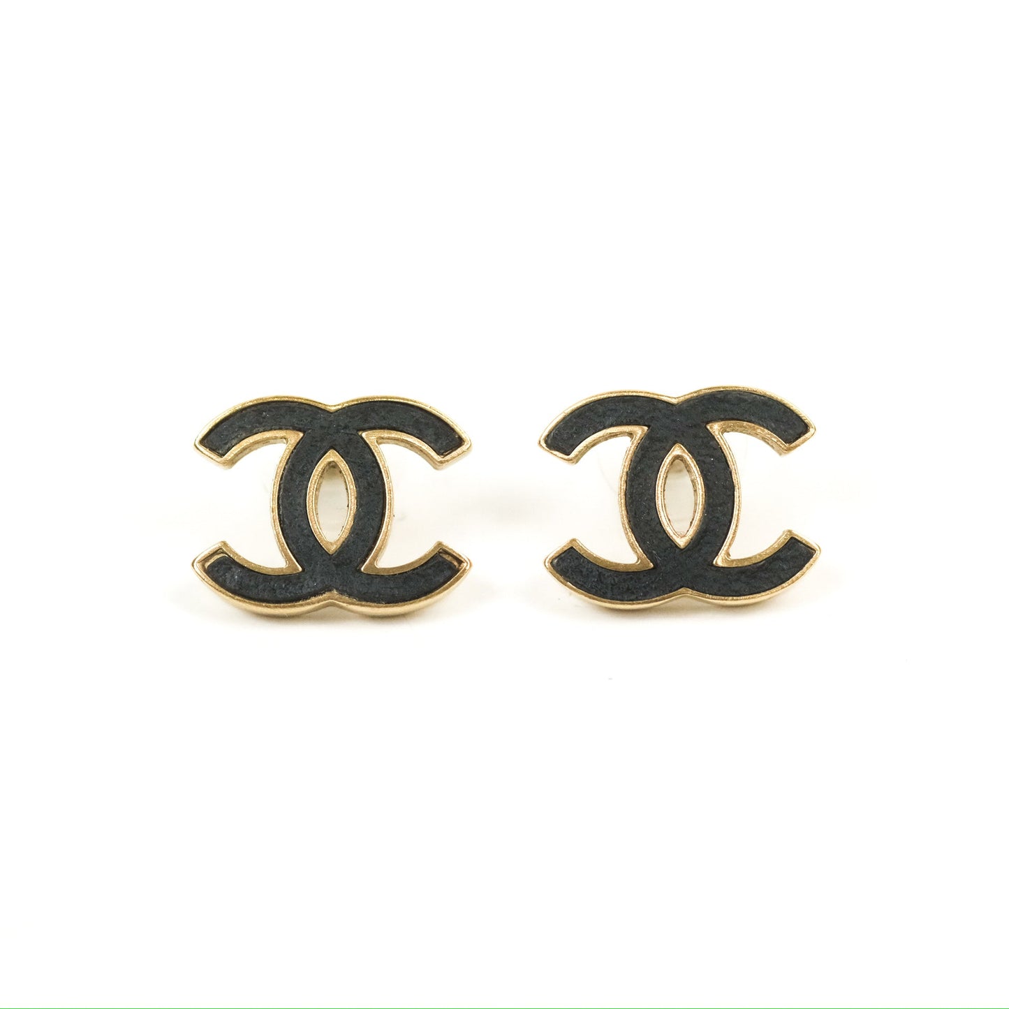 Chanel CC Black Leather Earrings Matte Gold Tone 12P