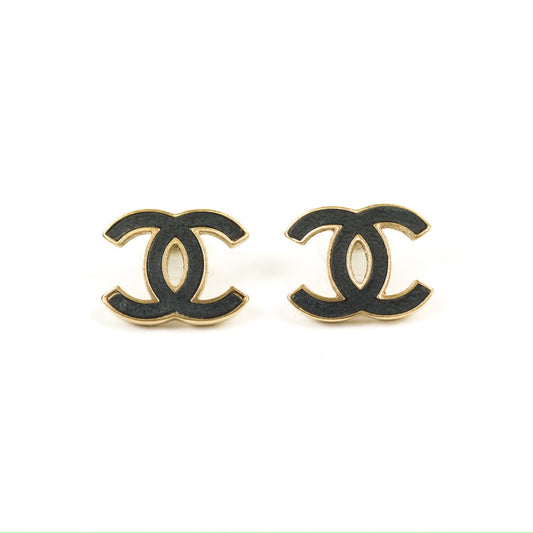 Chanel CC Black Leather Earrings Matte Gold Tone 12P