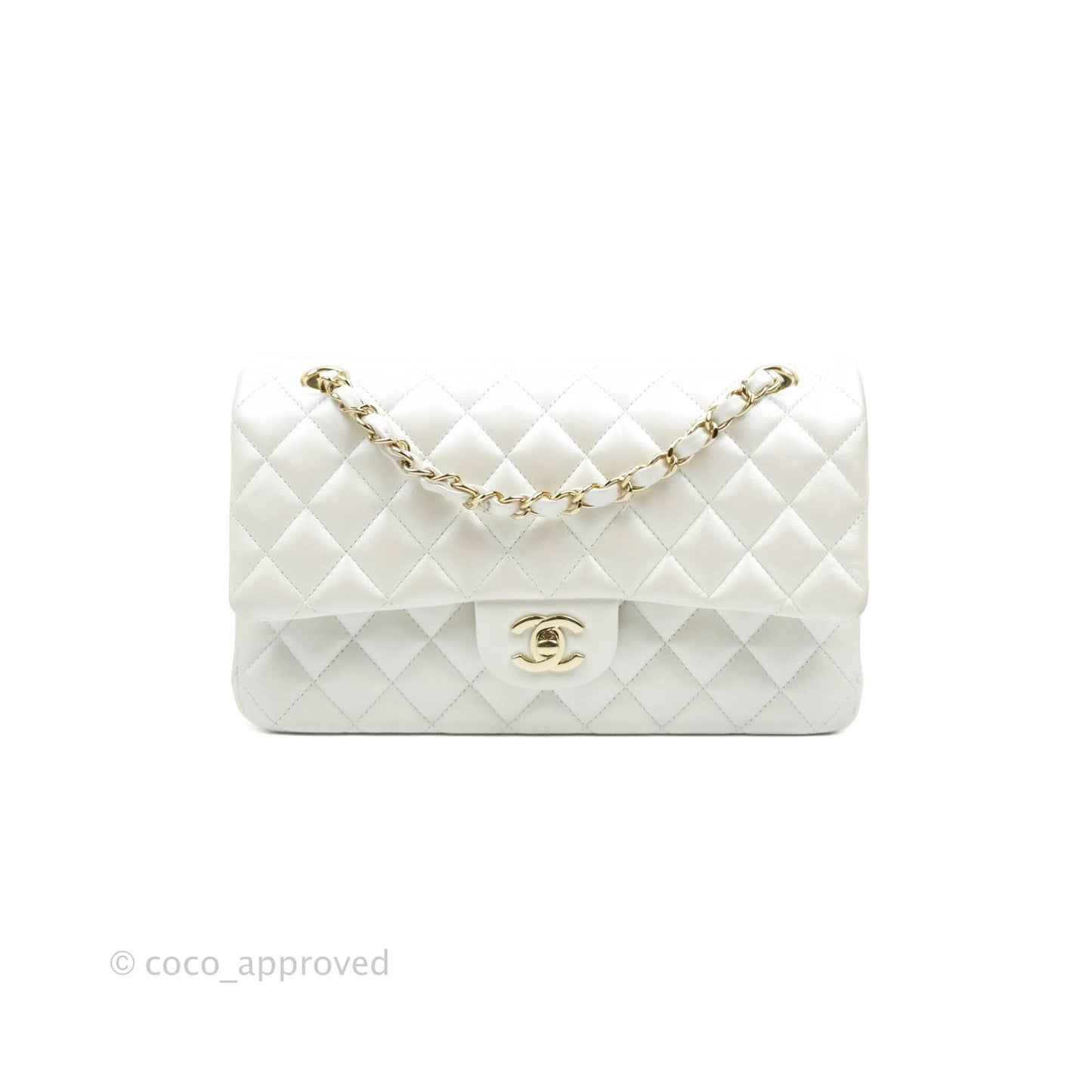 Chanel Classic M/L Medium Double Flap Iridescent White Lambskin Gold Hardware
