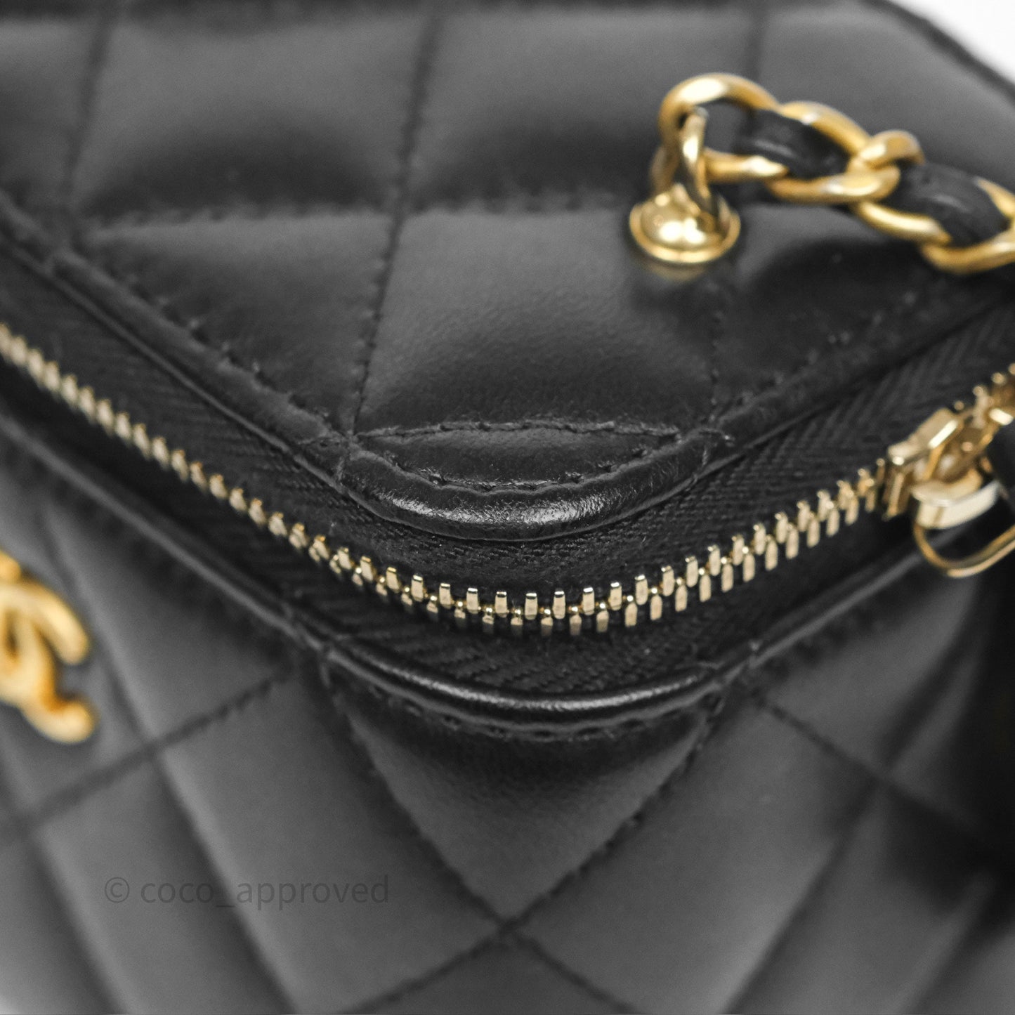 Chanel Quilted Pearl Crush Mini Vanity With Chain Black Lambskin Aged Gold Hardware