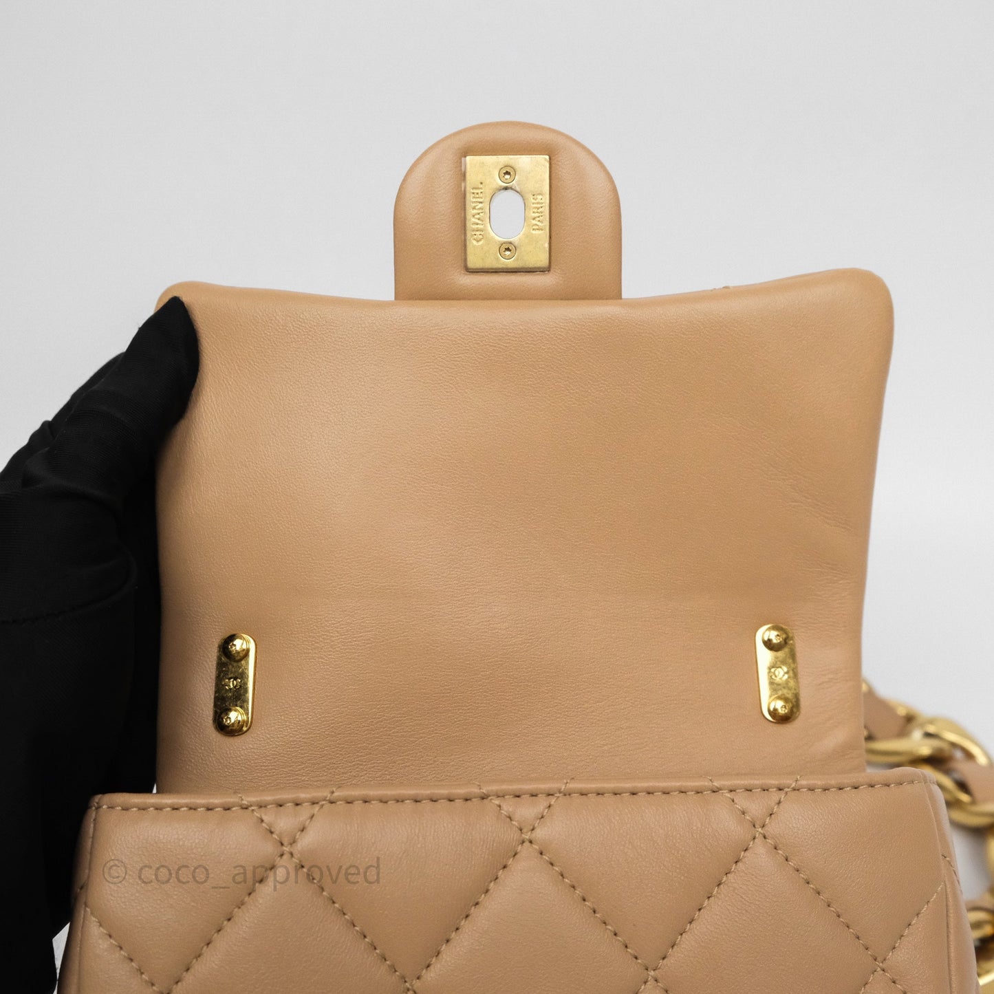 Chanel Mini CC Funky Town Flap Quilted Beige Lambskin Aged Gold Hardware