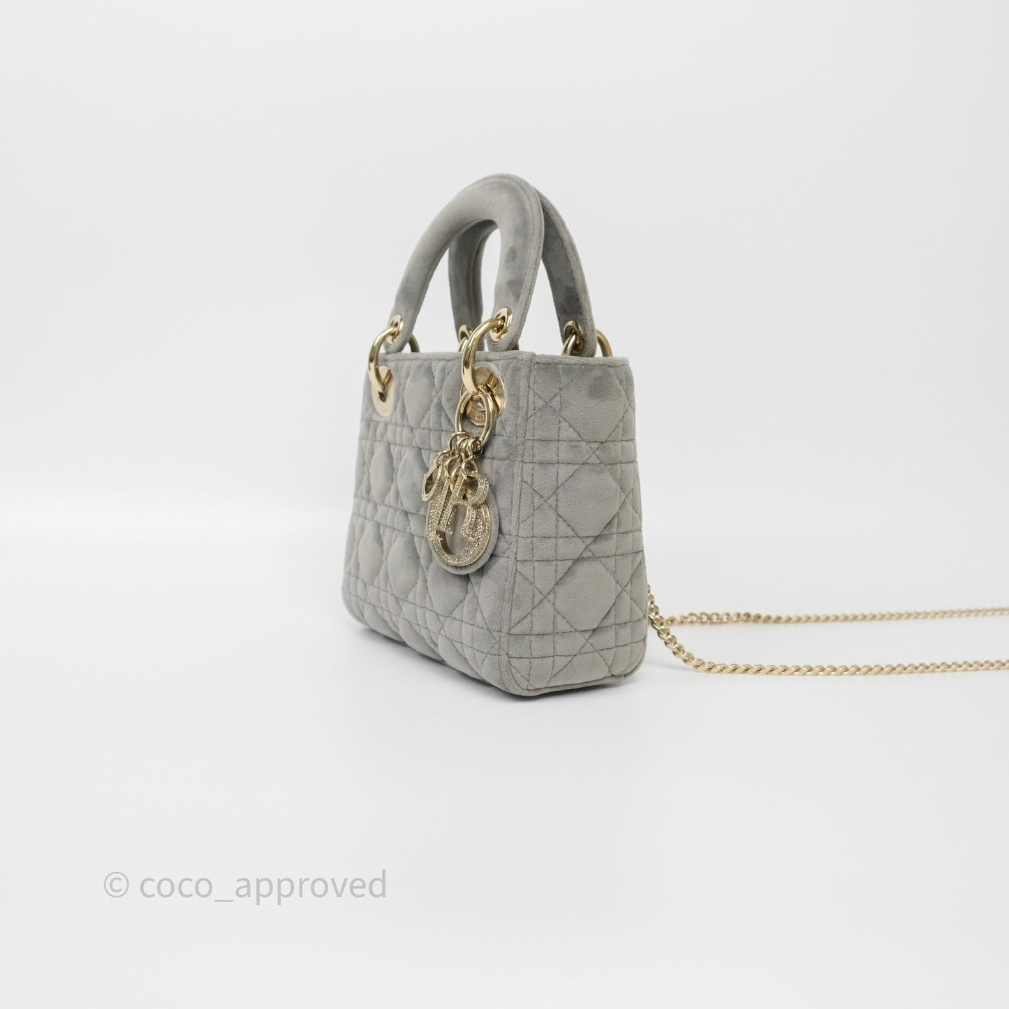 Dior Mini Lady Dior Grey Velvet Cannage Crystal Charms Gold Hardware
