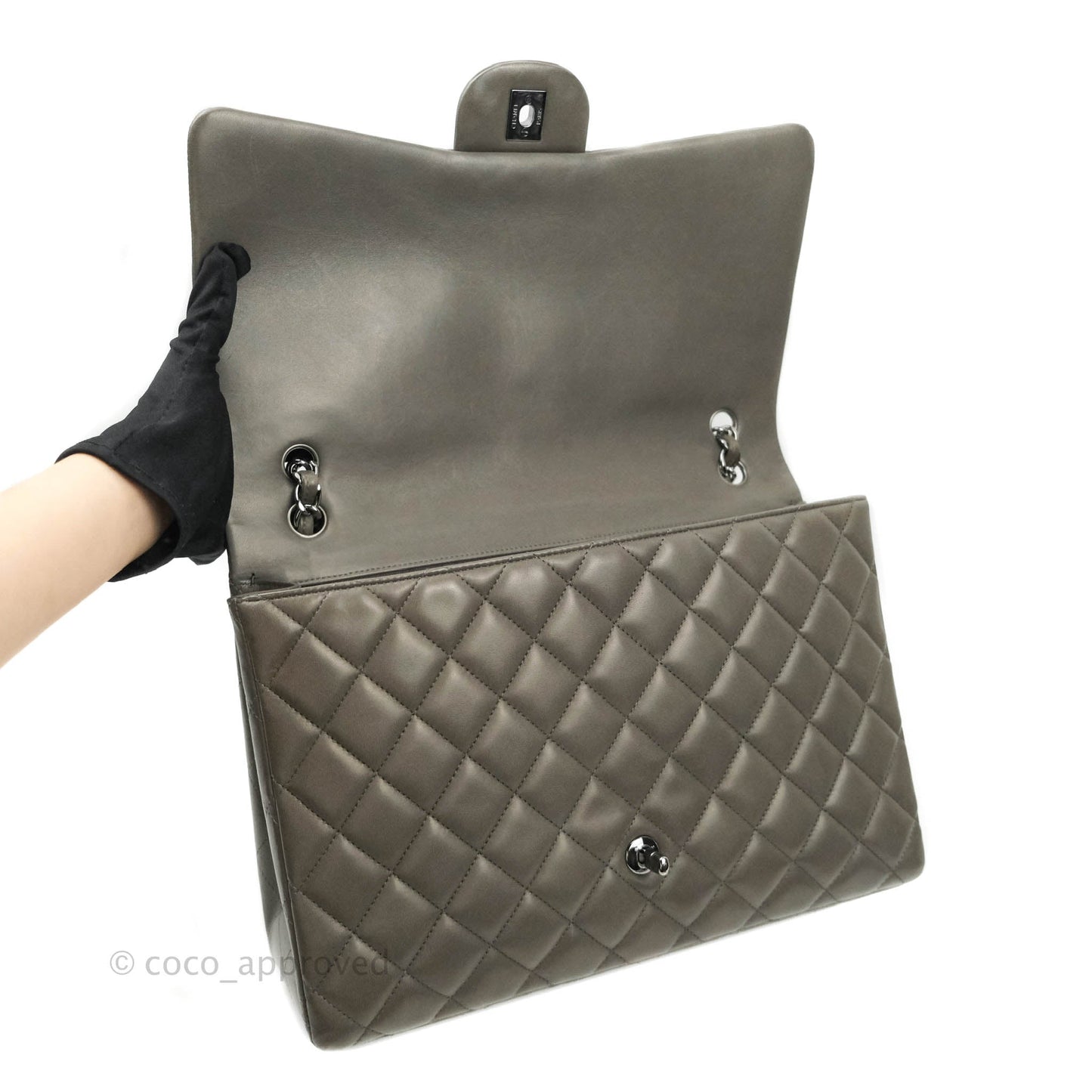 Chanel Classic Single Flap Maxi Grey Lambskin Gun Metal Hardware