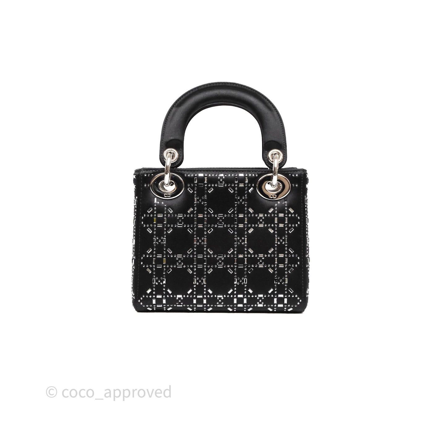 Christian Dior Mini Lady Dior Bag Black Strass Cannage Satin Silver Hardware