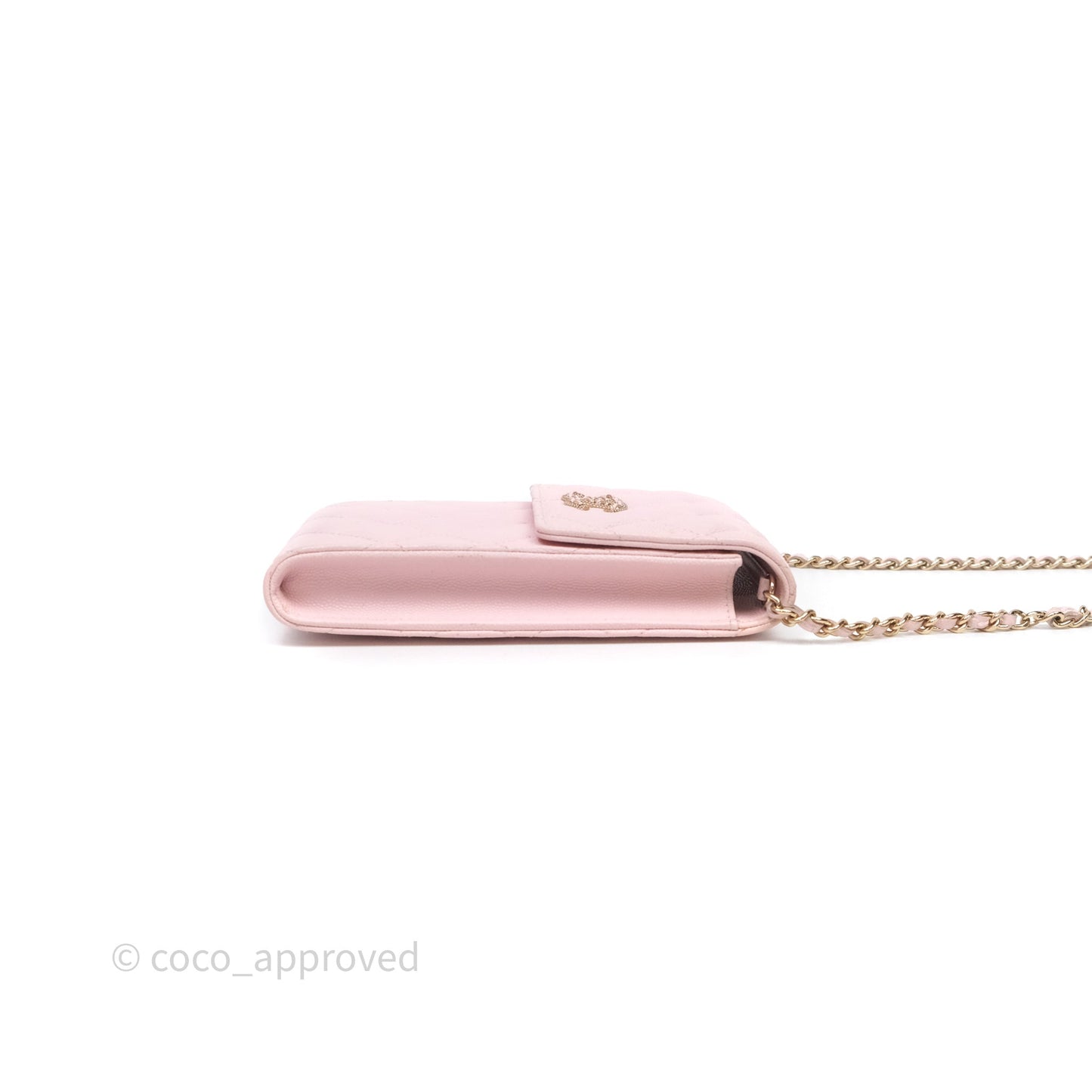 Chanel Quilted Crystal CC Pink Caviar Airpods Phone Case With Chain Light Gold Hardware