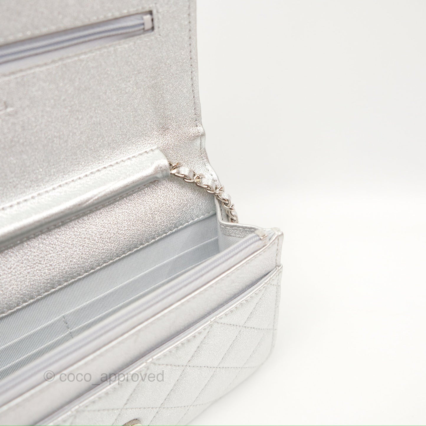 Chanel Quilted Wallet on Chain WOC Iridescent Silver Grained Lambskin Silver Hardware