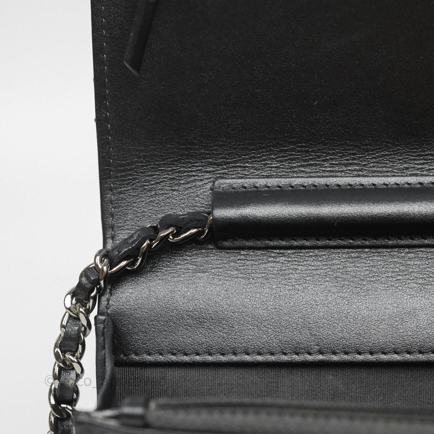 Chanel Tassel Charm Wallet On Chain WOC Iridescent Dark Silver Aged Calfskin
