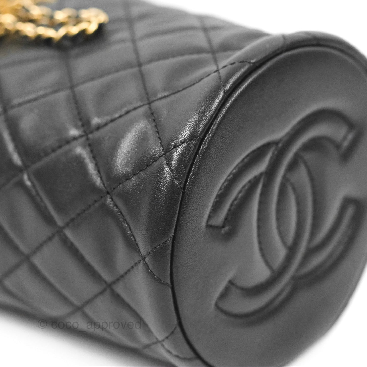 Chanel Pearl Crush Bucket Bag Black Lambskin Aged Gold Hardware