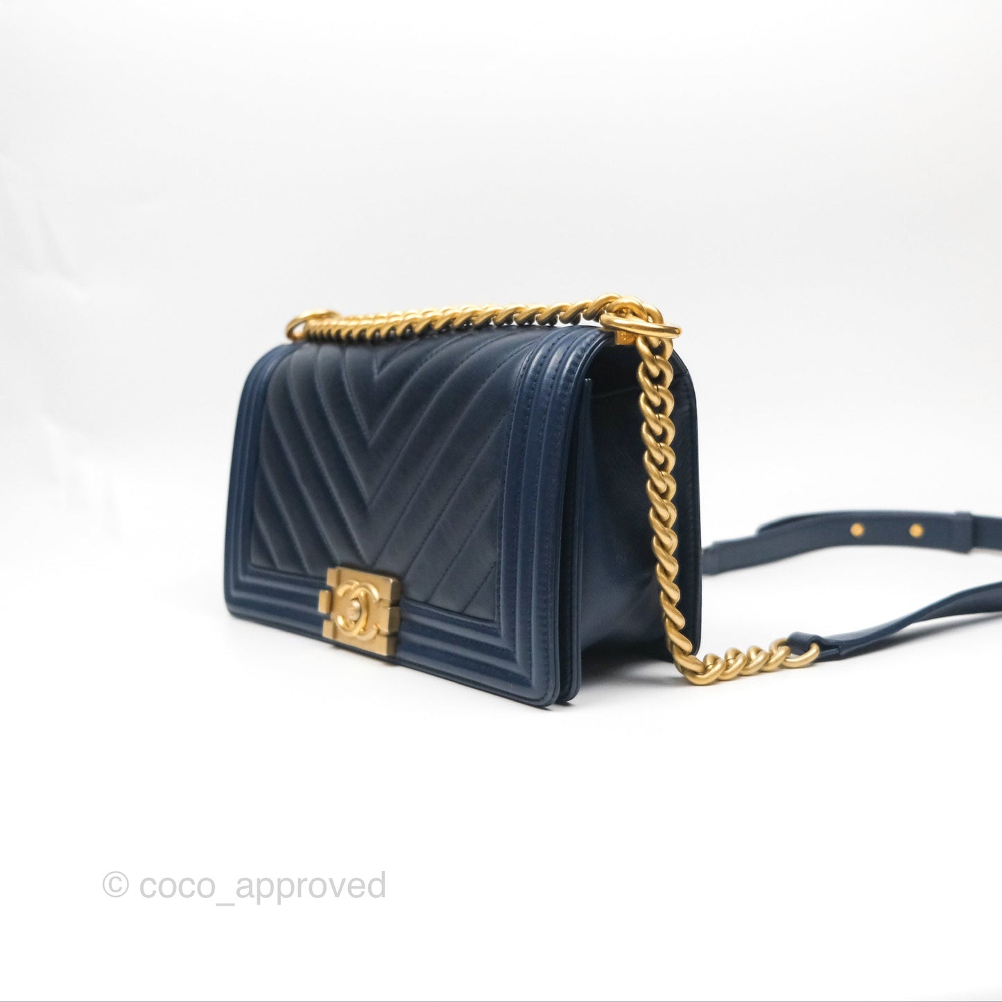 Chanel Medium Boy Chevron Navy Calfskin Aged Gold Hardware