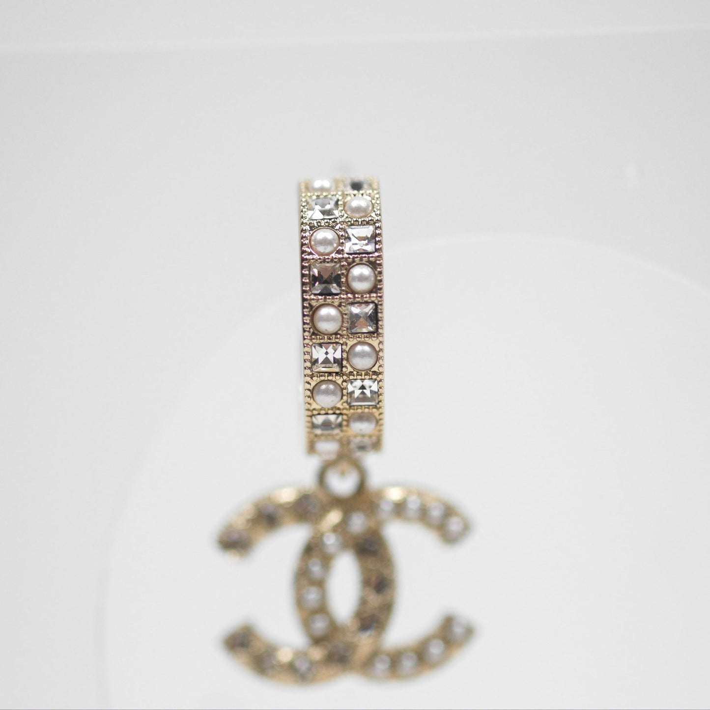 Chanel Crystal Pearl CC Hoop Earrings Gold Tone 21K