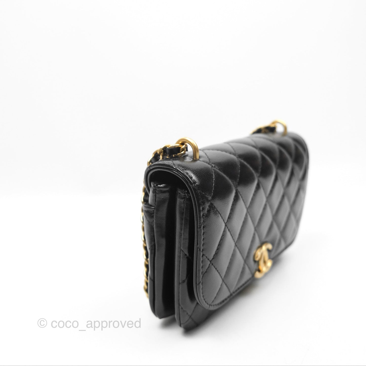 Chanel Flap Phone Holder With Chain Quilted Black Shiny Lambskin