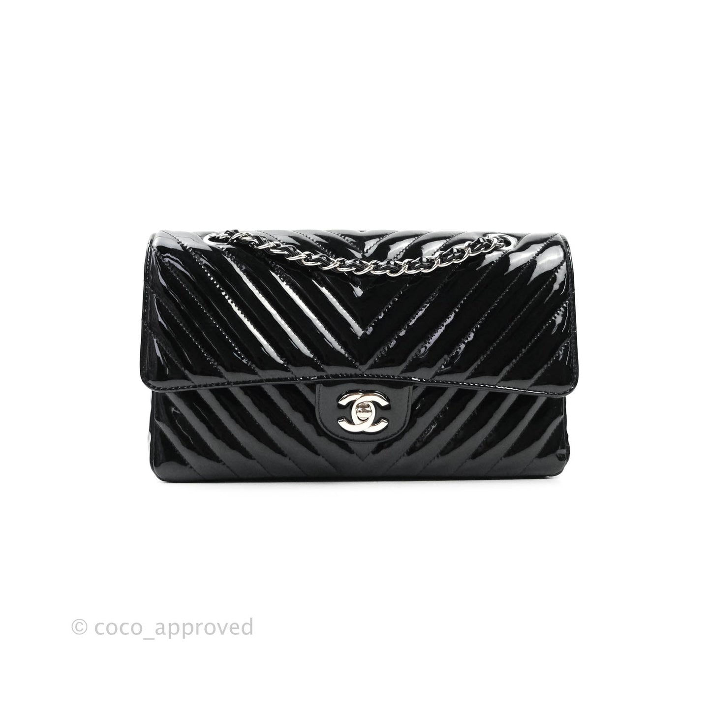 Chanel Classic Chevron M/L Medium Double Flap Black Patent Silver Hardware