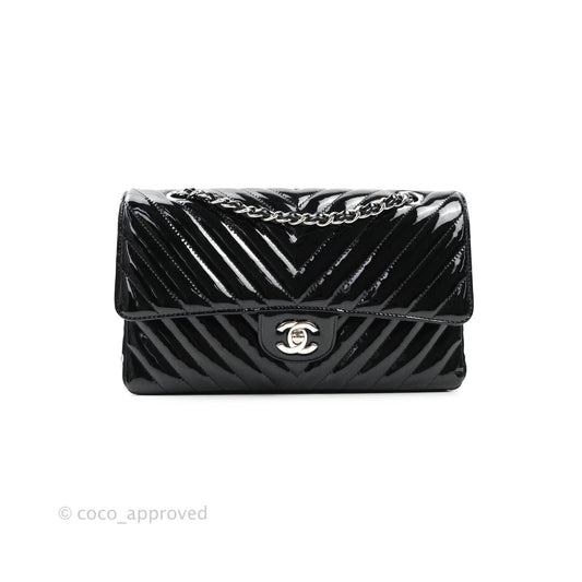 Chanel Classic Chevron M/L Medium Double Flap Black Patent Silver Hardware
