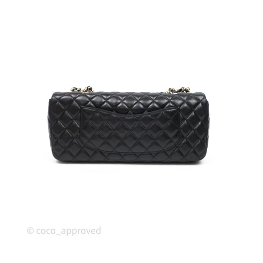 Chanel Quilted East West With Charm Flap Bag Lambskin Black Gold Hardware