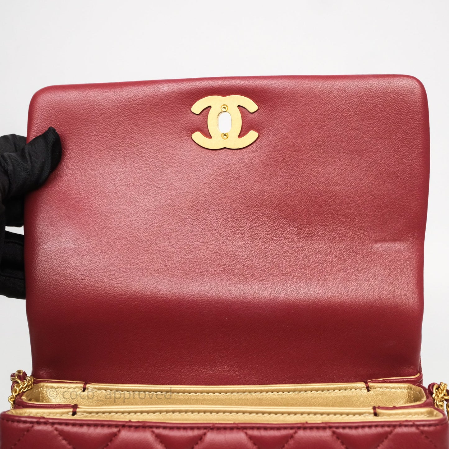 Chanel Quilted Accordion Flap Bag with Button on Chain Burgundy Lambskin Aged Gold Hardware 22A