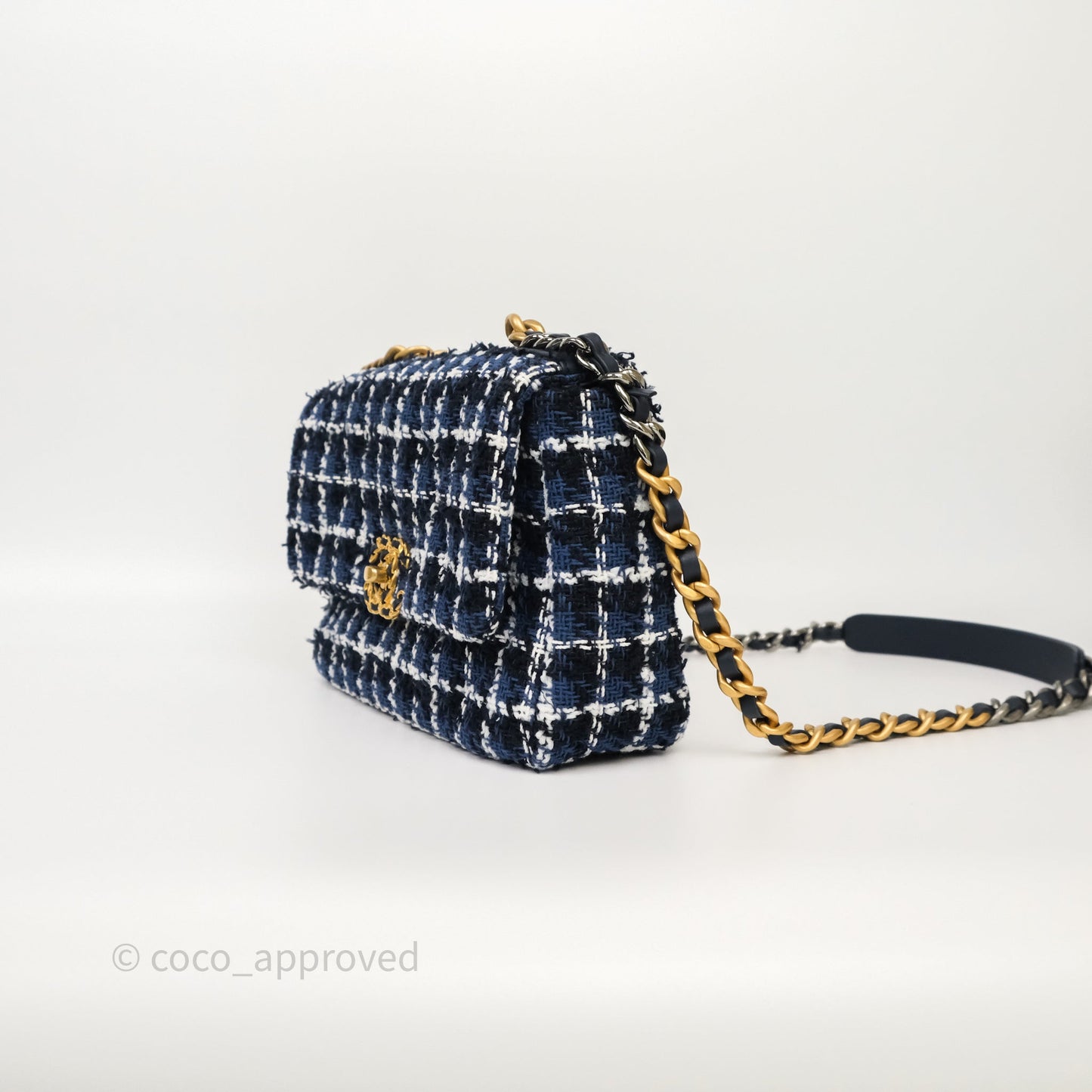 Chanel 19 Small Blue White Black Grid Tweed Mixed Hardware