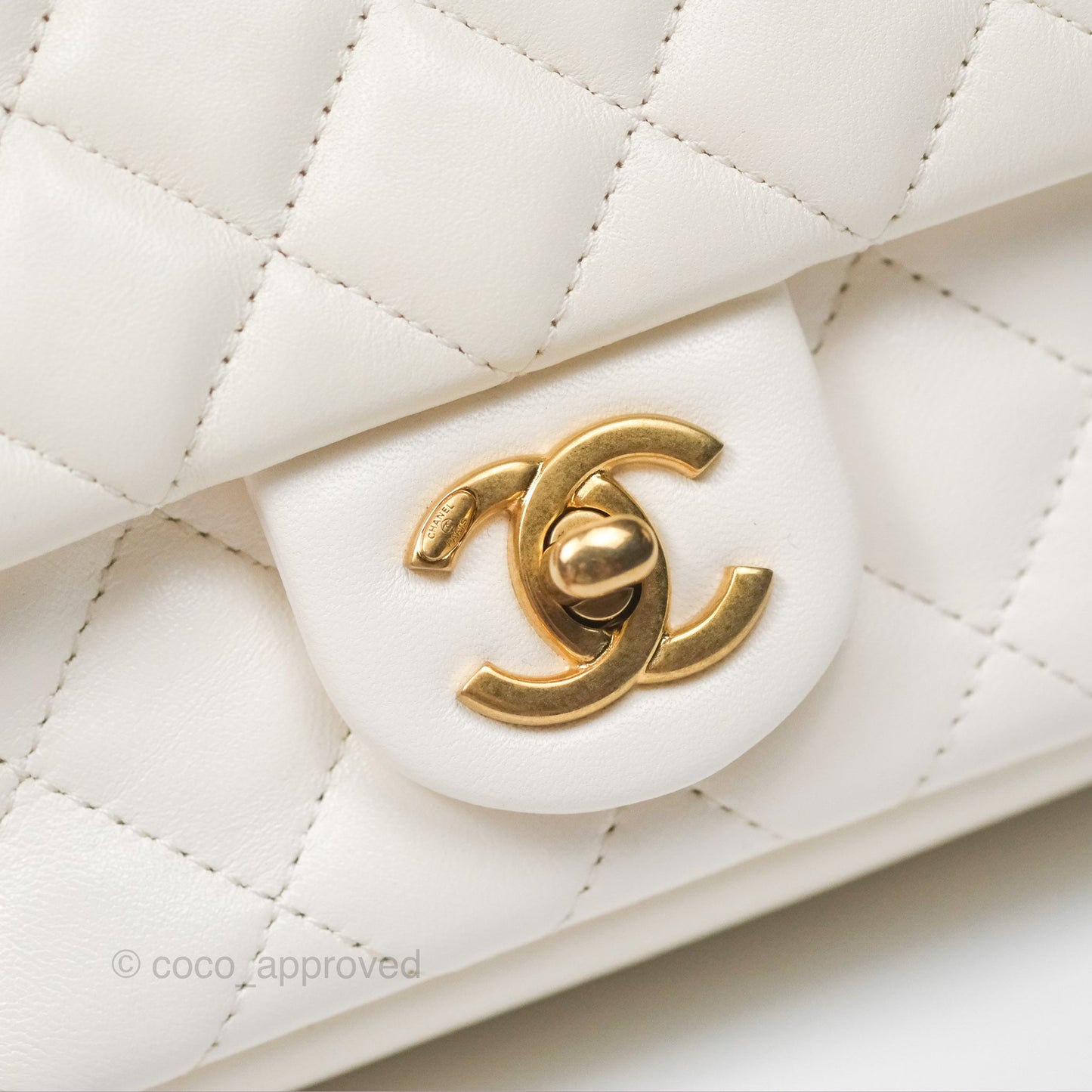 Chanel Pearl Chain Mini Flap Bag White Lambskin Aged Gold Hardware 24P