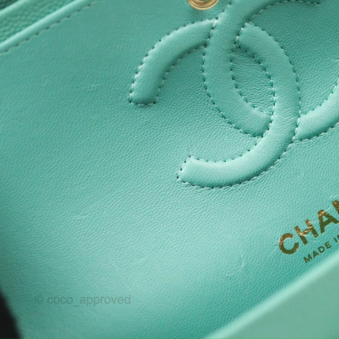 Chanel Small Classic Quilted Flap Tiffany Green Caviar Gold Hardware