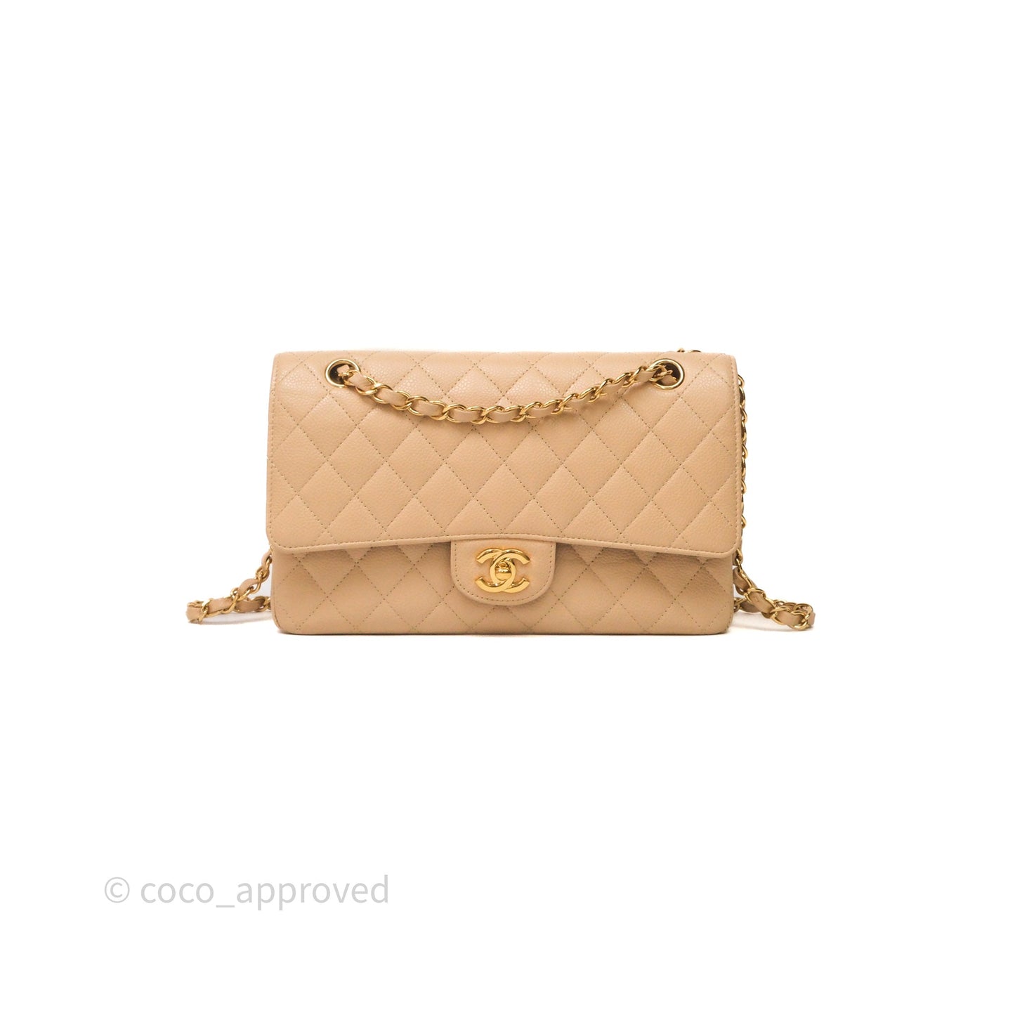 Chanel Classic M/L Medium Flap Quilted Beige Caviar Gold Hardware