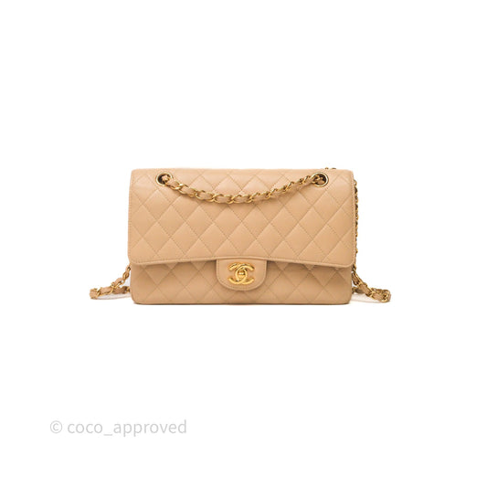 Chanel Classic M/L Medium Flap Quilted Beige Caviar Gold Hardware