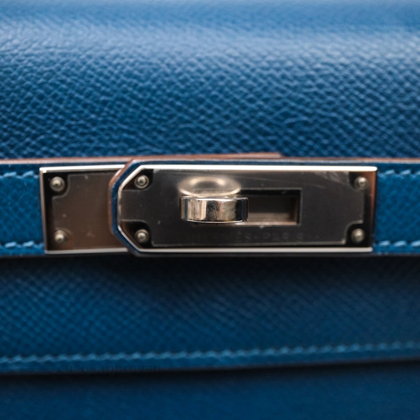 Hermès Kelly 32 Sellier Bleu Thalassa 7A/ White Epsom Palladium Hardware