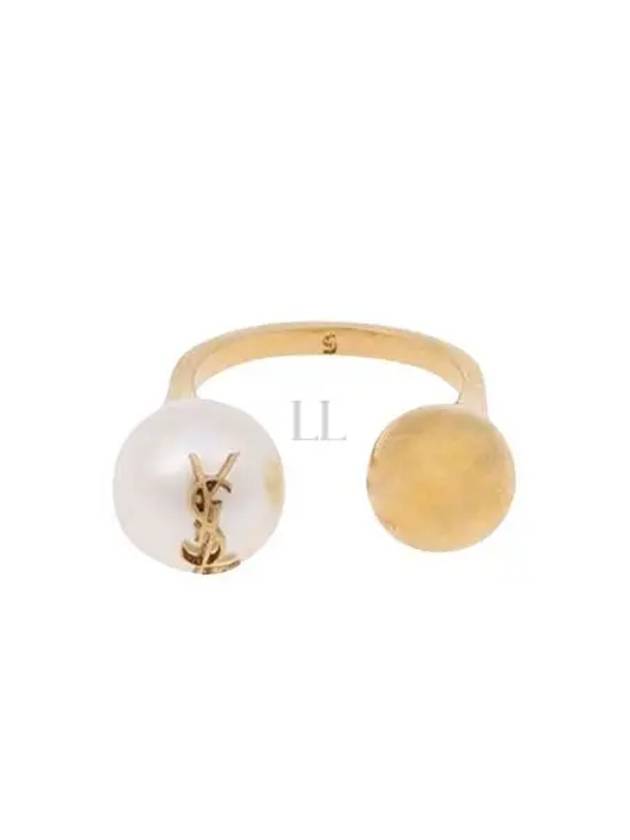Luxury Saint Laurent YSL Logo Pearl Ring Aging Brass Gold