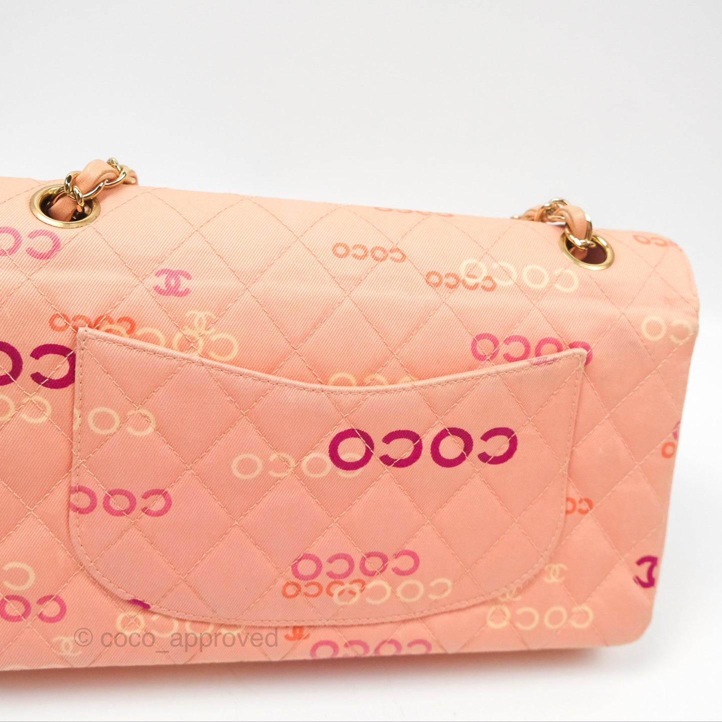 Chanel Coco Logo Medium Classic Flap Quilted Coral Pink Canvas Gold Hardware