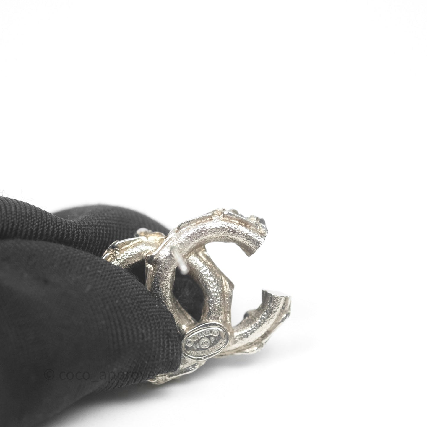 Chanel CC Pearl Earrings Ruthenium Tone 14P