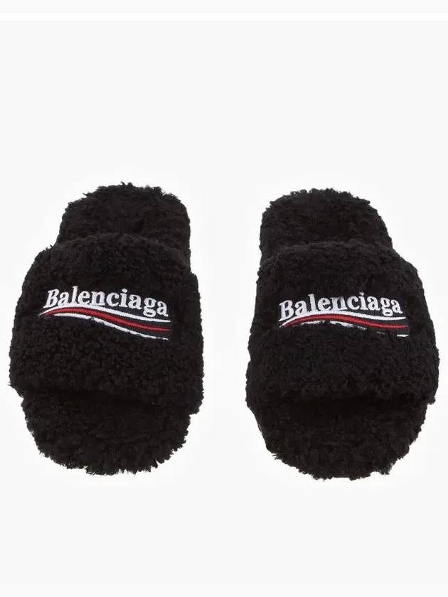Luxury Balenciaga Furry Logo Slippers Black