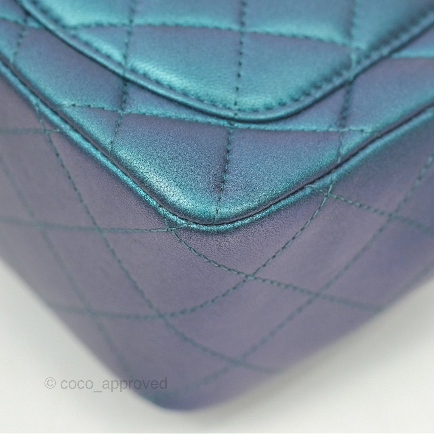 Chanel Mini Square Flap Quilted Iridescent Teal Lambskin Gun Metal