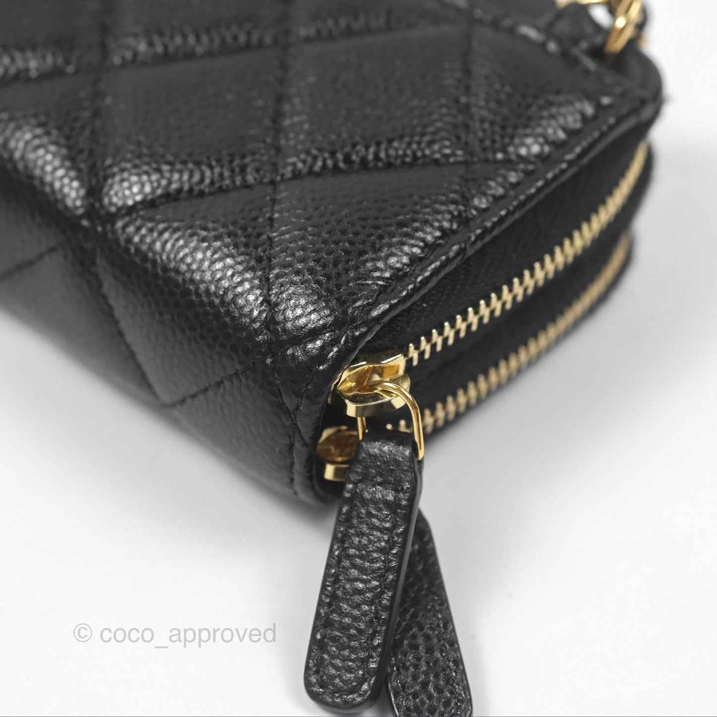 Chanel Miss Coco Quilted Zip Card Holder on Chain Black Caviar Gold Hardware