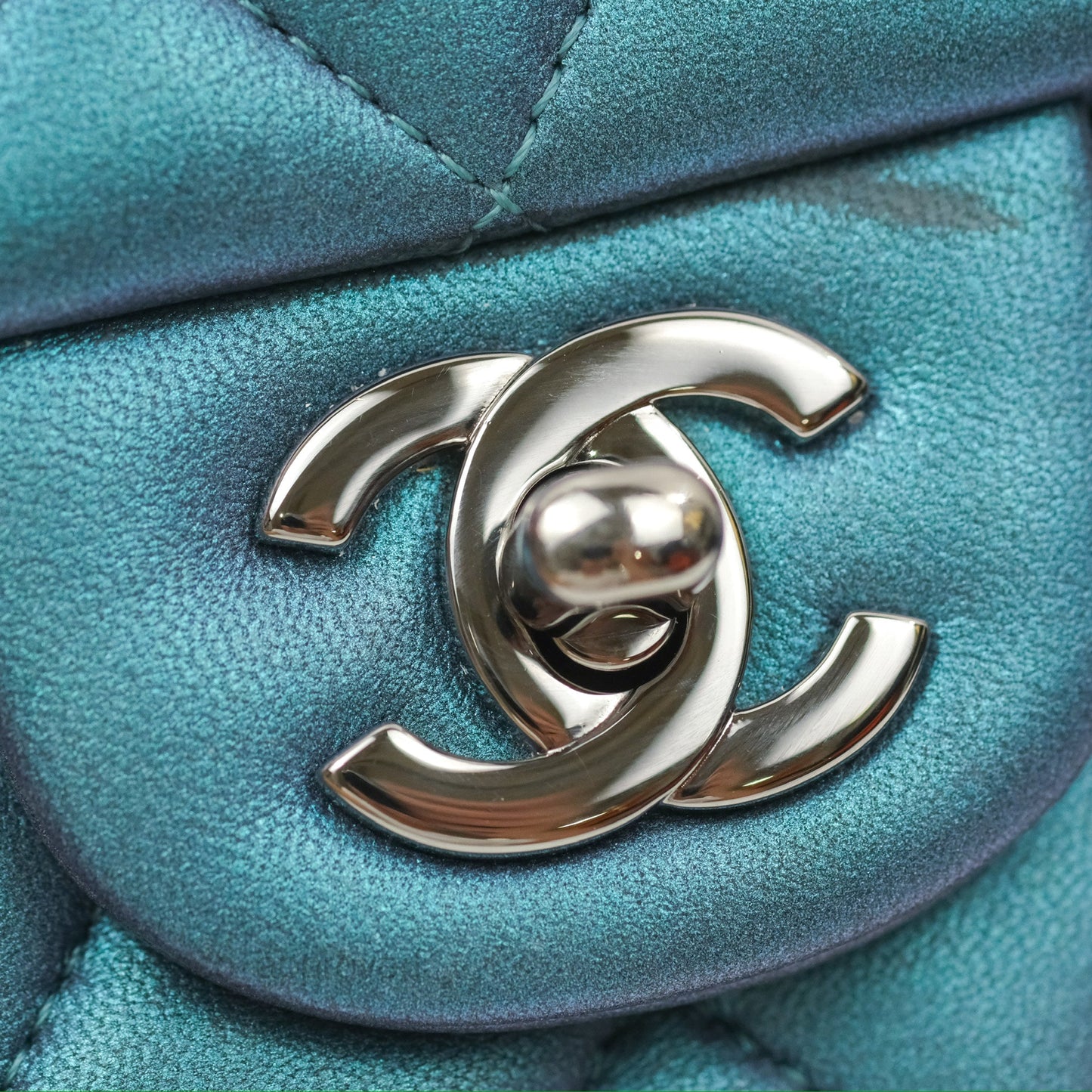 Chanel Mini Square Flap Quilted Iridescent Teal Lambskin Gun Metal