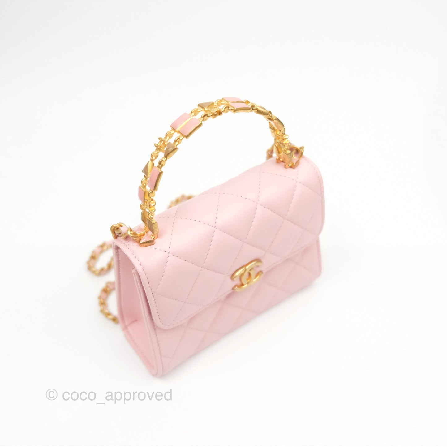 Chanel Enamel Top Handle Clutch with Chain Pink Lambskin Aged Gold Hardware 22B