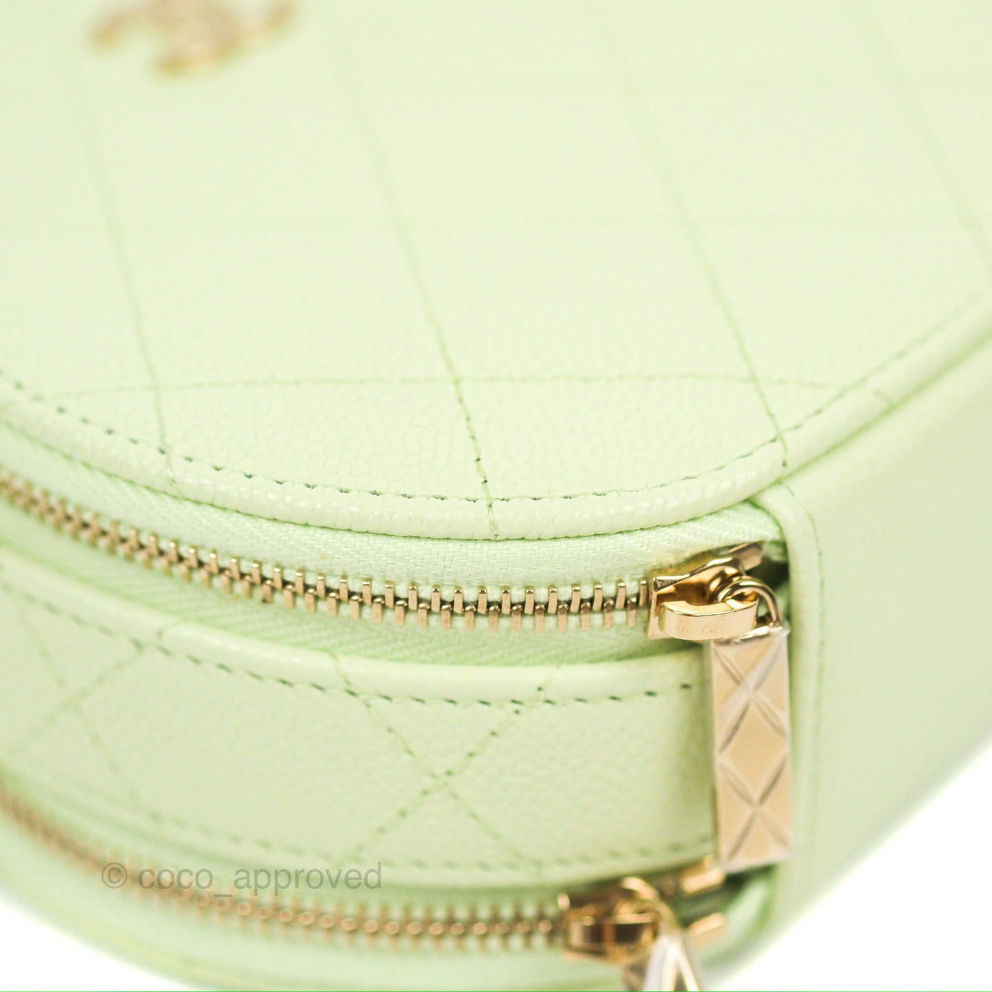 Chanel Mini Round Vanity Bag Handle With Care Light Green Caviar 22C