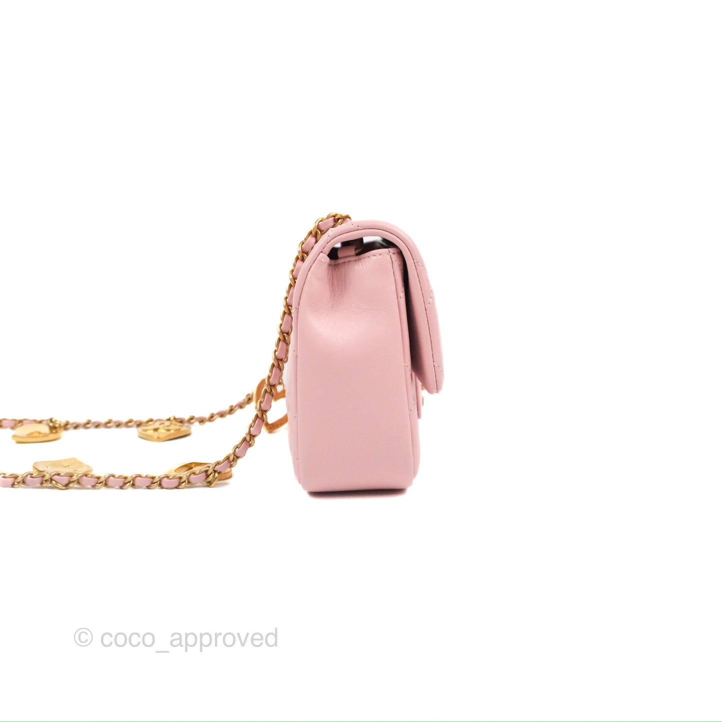 Chanel Mini Flap Bag With Heart CC Charm Pink Lambskin Aged Gold Hardware