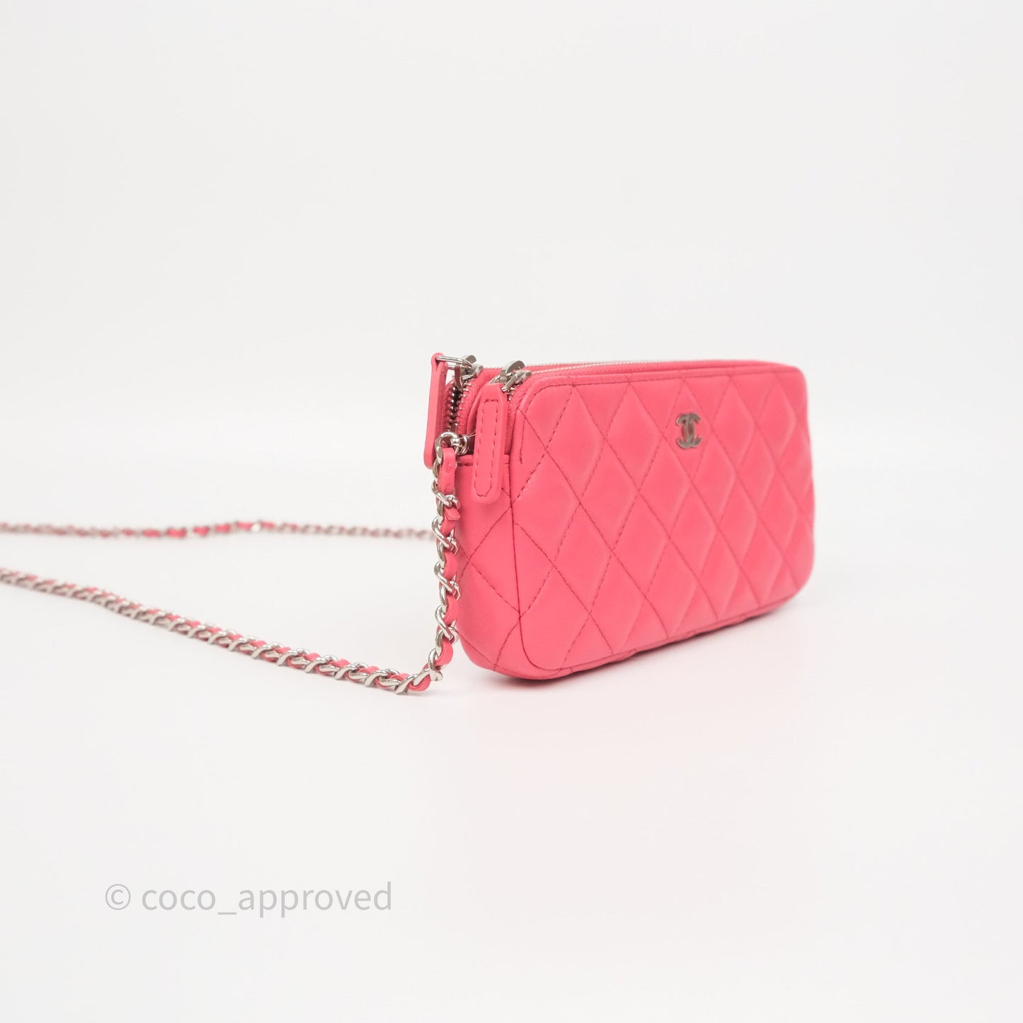 Chanel Double Zip Clutch On Chain Dark Pink Lambskin Silver Hardware