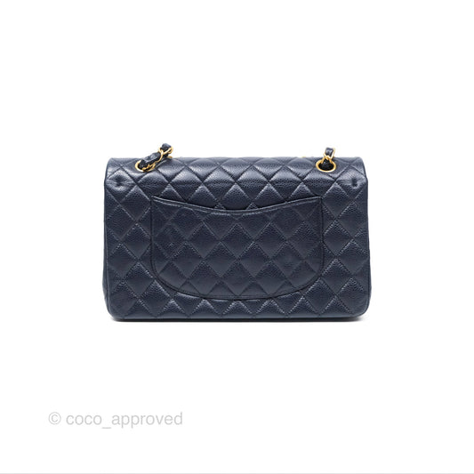 Chanel Classic M/L Medium Flap Quilted French Navy Caviar Aged Gold Hardware