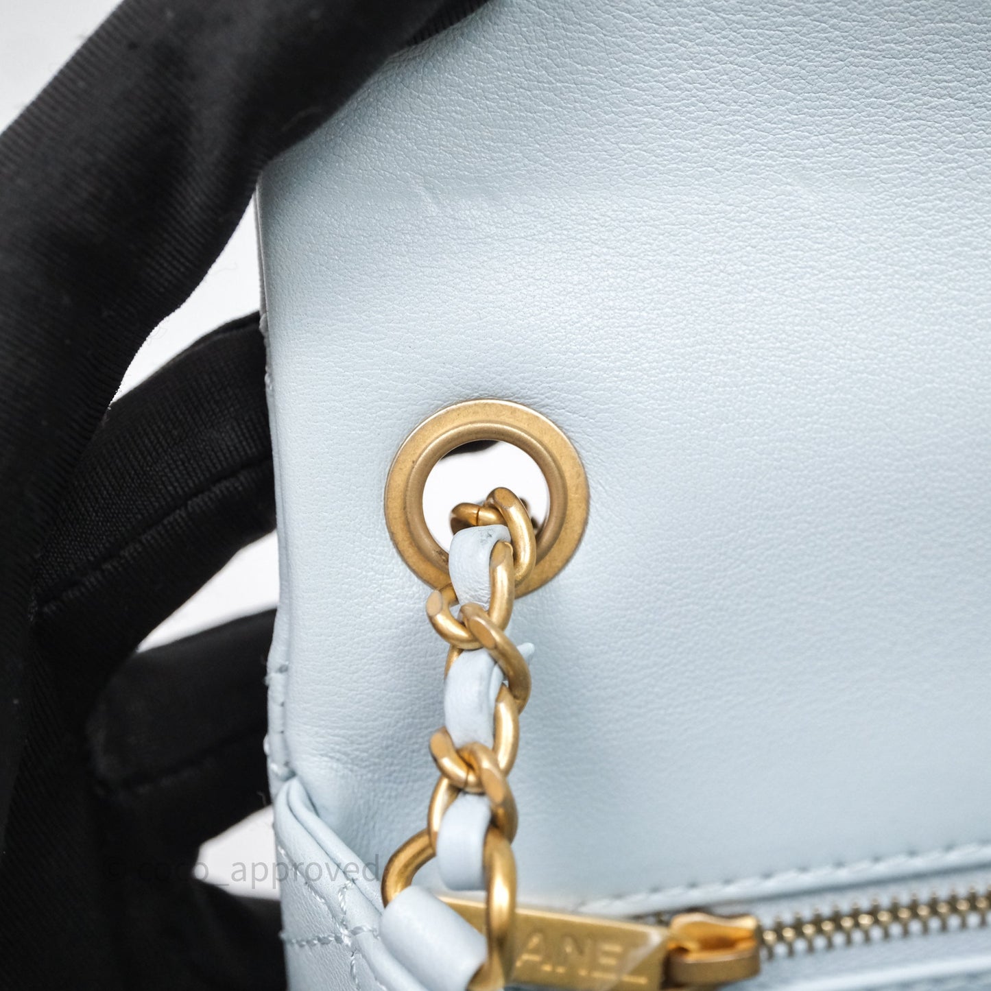 Chanel Pearl Crush Mini Rectangular Light Blue Lambskin Aged Gold Hardware