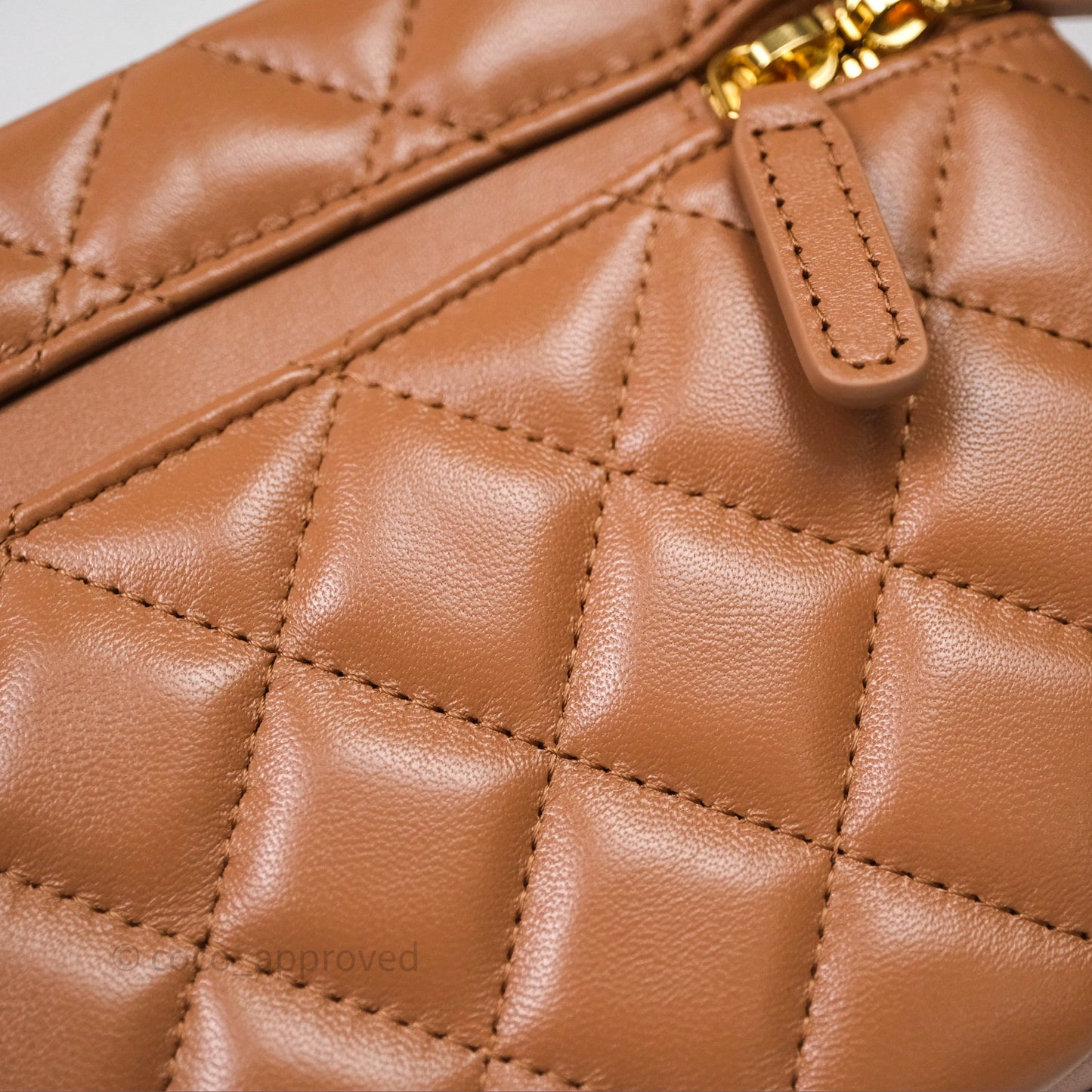 Chanel Top Handle Long Vanity with Chain Caramel Beige Lambskin Gold Hardware 25B