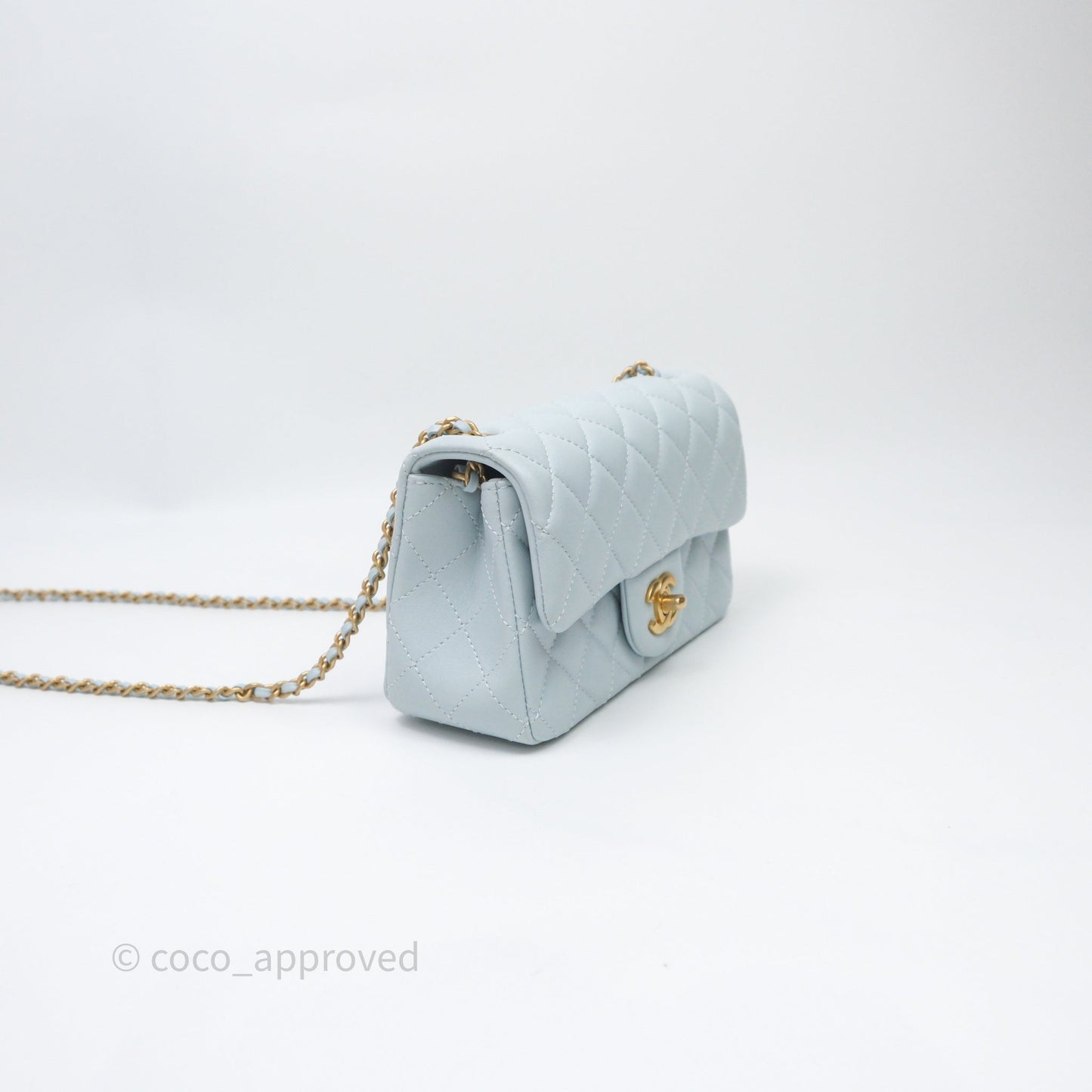 Chanel Pearl Crush Mini Rectangular Light Blue Lambskin Aged Gold Hardware