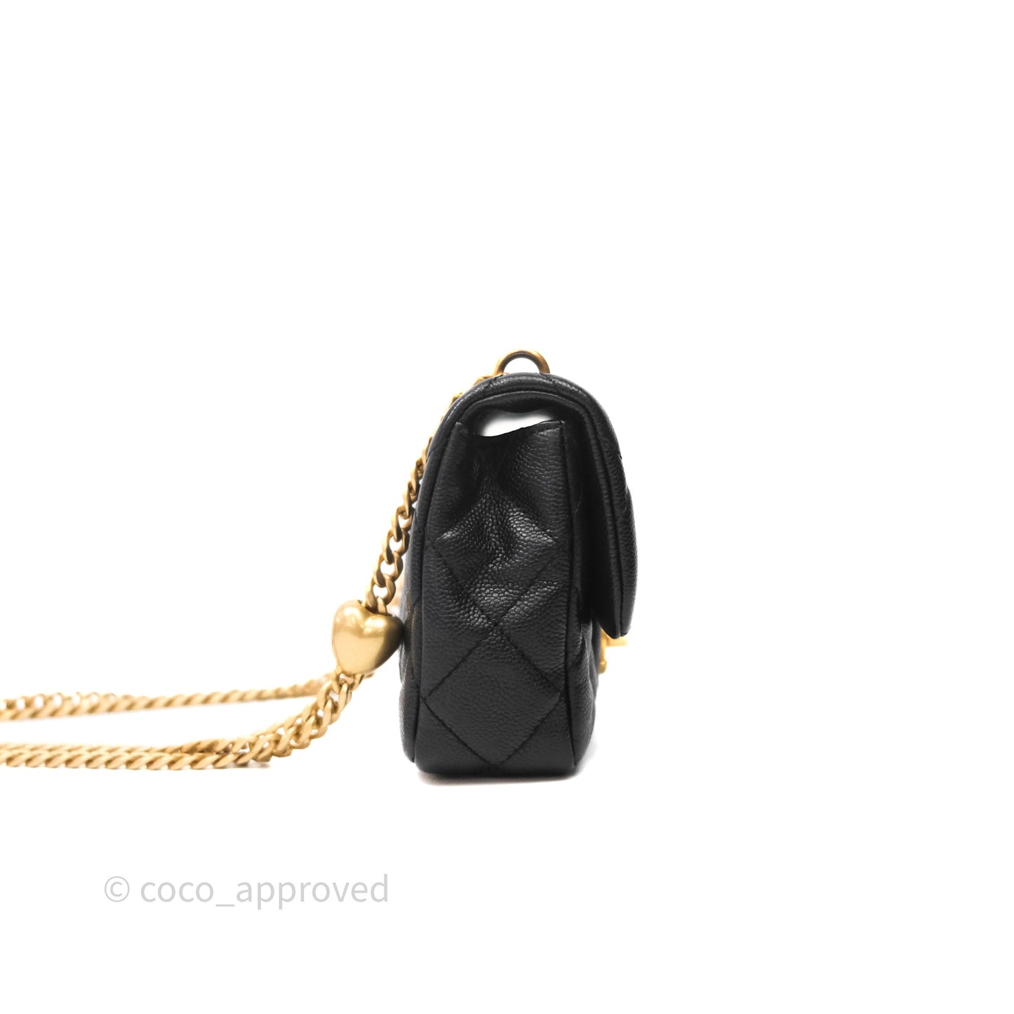 Chanel Mini Flap Bag Heart Adjustable Chain Black Caviar Aged Gold Hardware