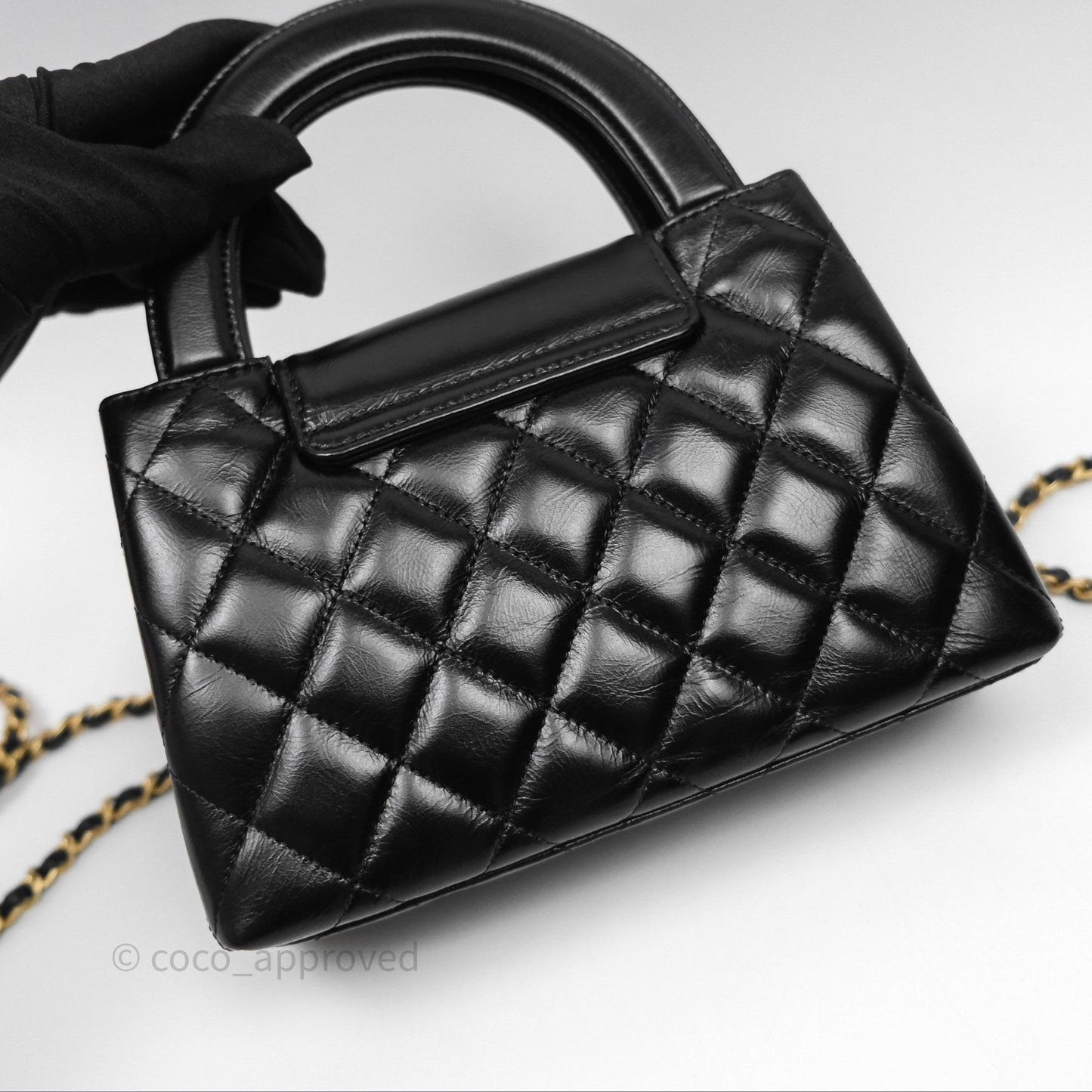 Chanel Kelly Bag Quilted Black Shiny Crumpled Calfskin Aged Gold Hardware