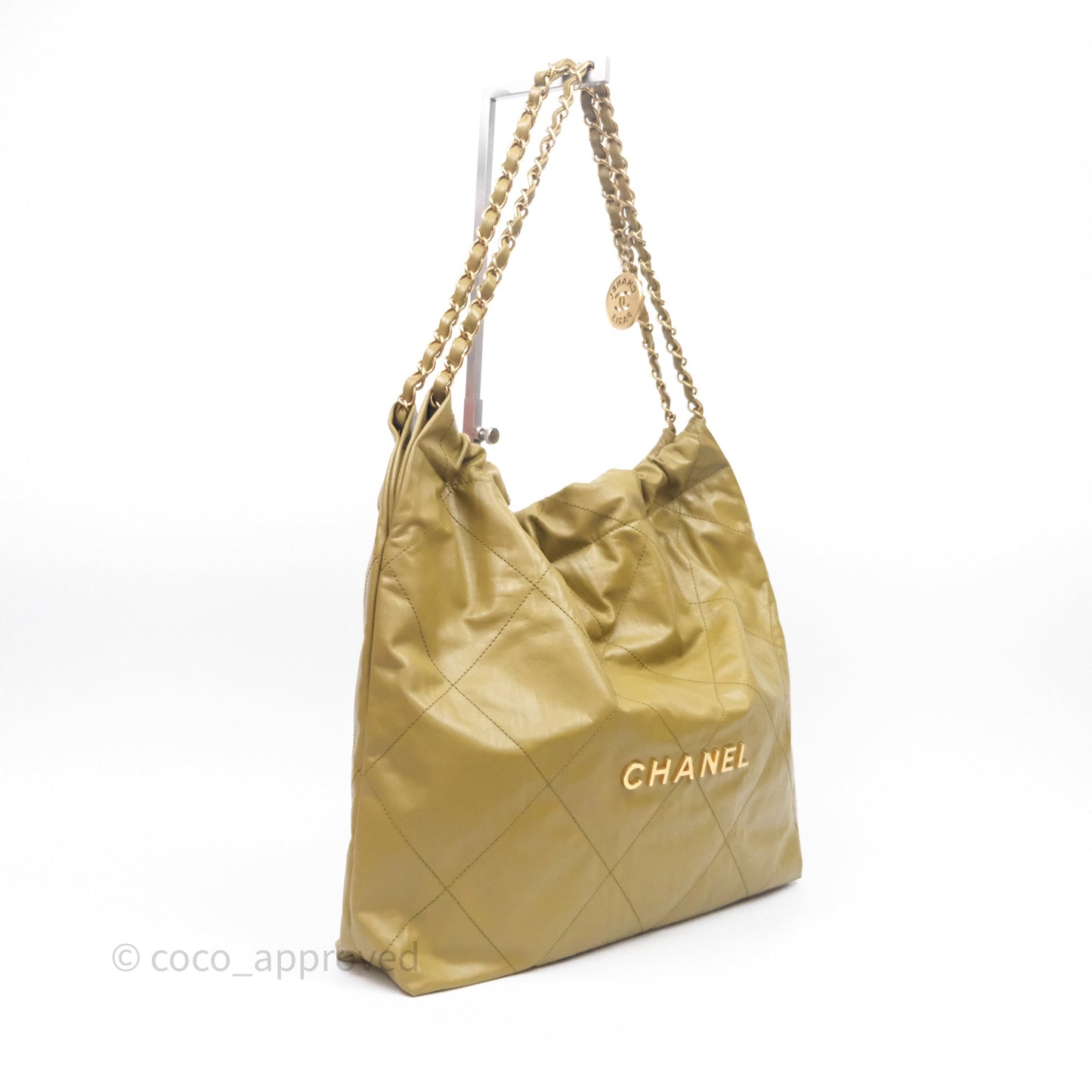 Chanel 22 Bag Medium Crumpled Olive Green Calfskin Aged Gold Hardware