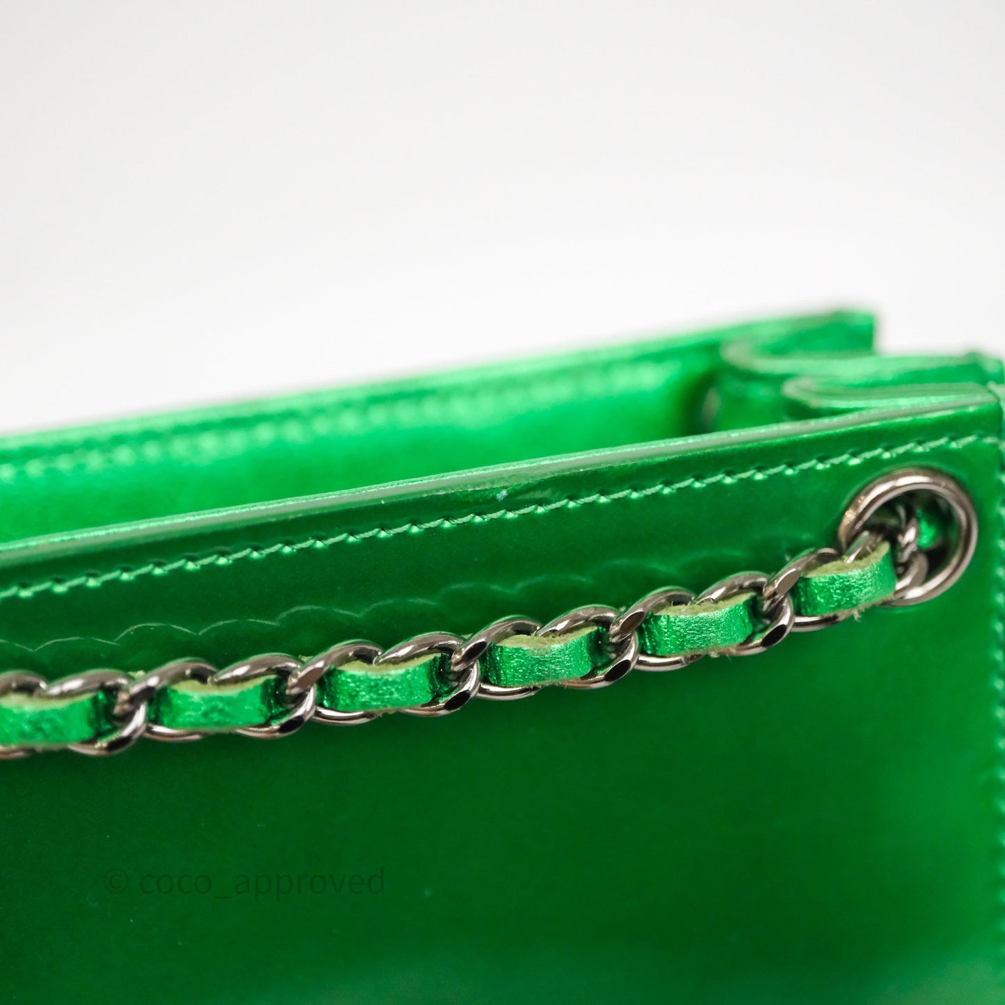 Chanel CC Phone Holder Metallic Green Patent Gun Metal Hardware