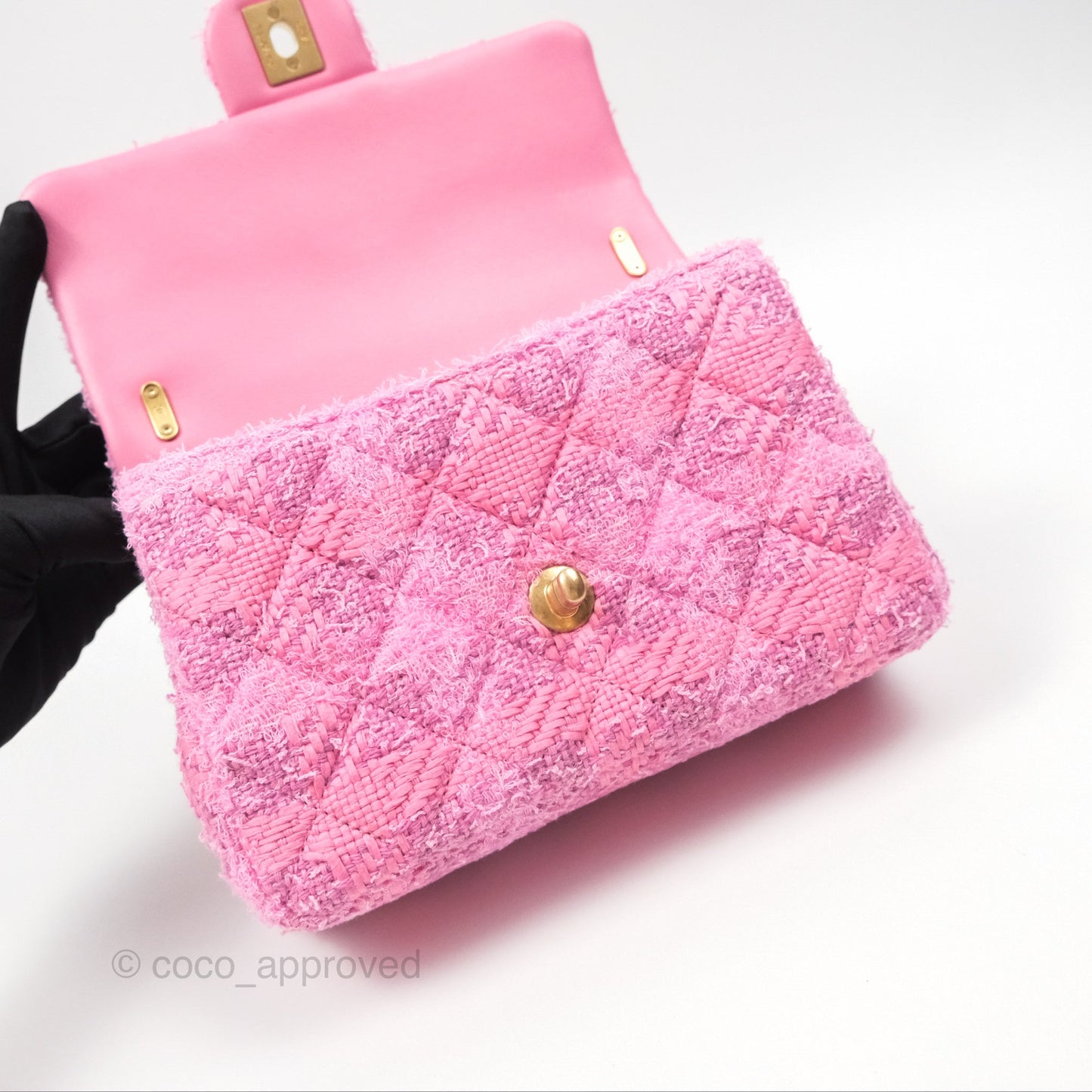 Chanel Mini Flap Bag with Pearl Chain Pink Tweed Aged Gold Hardware