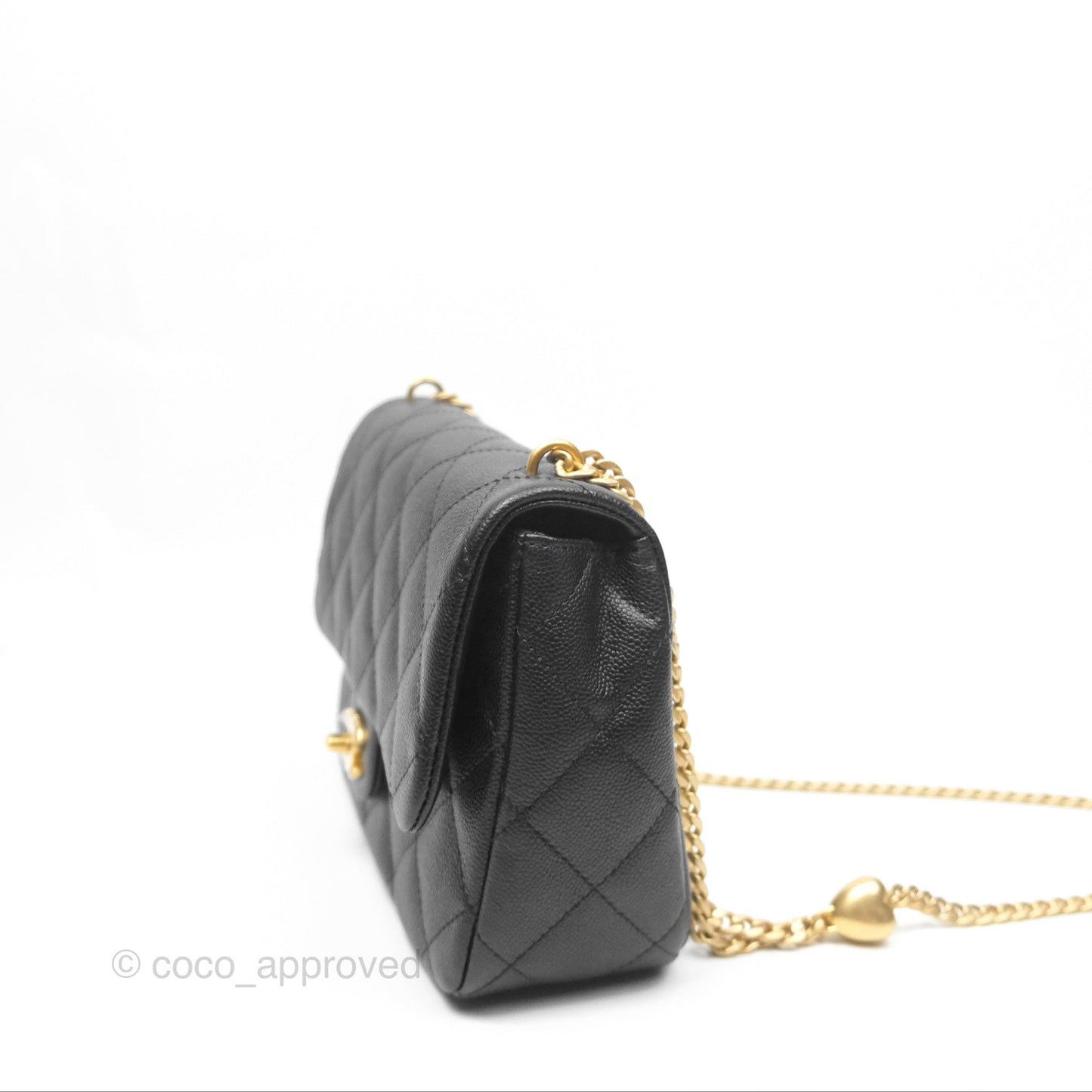 Chanel Large Flap Bag Heart Adjustable Chain Black Caviar Aged Gold Hardware