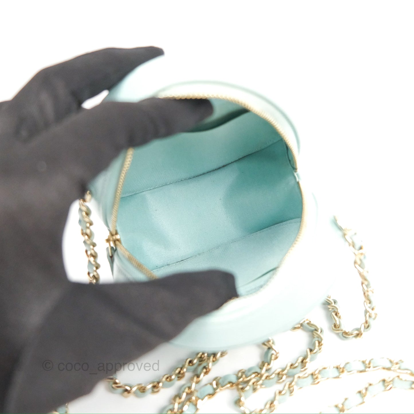 Chanel Camellia Embossed Round Clutch With Chain Light Tiffany Blue Caviar